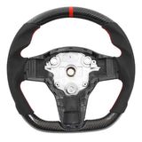 17-23 Tesla Model 3 & Y Steering Wheel CF Alcantara W/ Red Stitch & Stripe